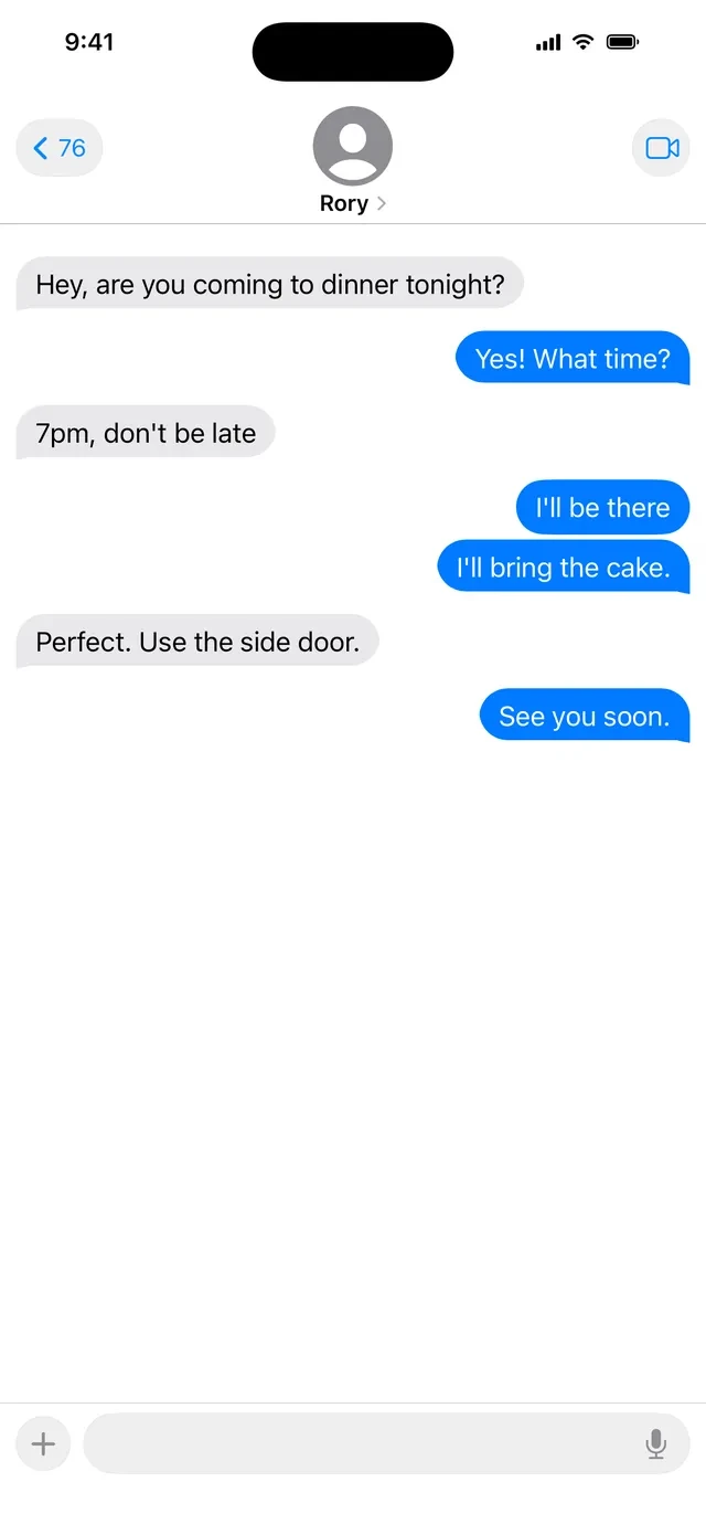 A scripted text conversation with Rory about dinner tonight.
